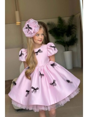 Riccotarz Kız Çocuk Balon Kollu Üzeri Kurdela Detaylı Içi Astarlı Saten Pudra Abiye