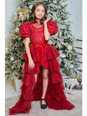 Riccotarz Kız Çocuk Yakası Taş Işleme Üzeri Jakar Detaylı Belden Bağlamalı Kuyruklu Balon Kollu Kırmızı Abiye