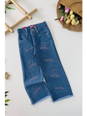 Miniğimin Cicileri Love You Boncuklu Kız Çocuk Kot Pantolon - Mavi