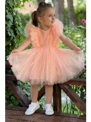 Riccotarz Kız Çocuk Omuzları Tüllü Üzeri Boydan Simli Kolsuz Somon Abiye