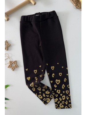 Miniğimin Cicileri Simli Kalp Desenli Şardonlu Kız Çocuk Tayt - Siyah