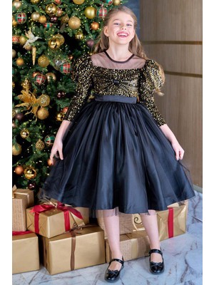 Riccotarz Kız Çocuk Kayık Yaka Şeffaf Tül ve Göğsü Kadife Pul Detaylı Eteği Kabarık Balon Kol Siyah Abiye