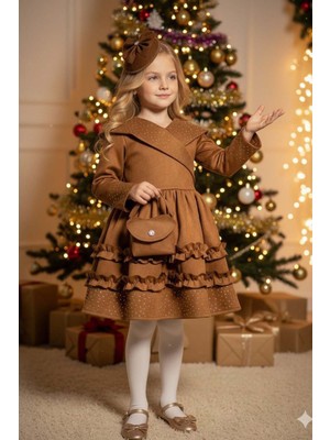 Riccotarz Kız Çocuk Kruvaze Yaka ve Taş Işlemeli Eteği Fırfır Detaylı Taba Süet Abiye