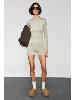 Urban Beat Corex Kadın Yuvarlak Yakalı Baskı Detaylı Slim Fit Uzun Kollu Spor Taş Rengi T-Shirt