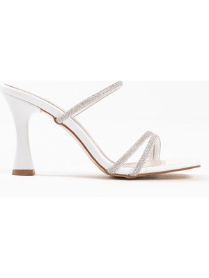 Modaserdem Alvina Beyaz Taşlı Ince Bantlı Kadın Topuklu Terlik