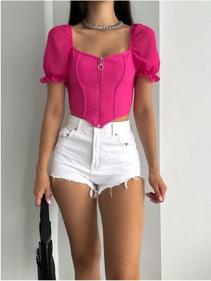 Qutta Kadın Kolu Şifonlu Fermuarlı Kısa Kol Kadın Crop Bluz