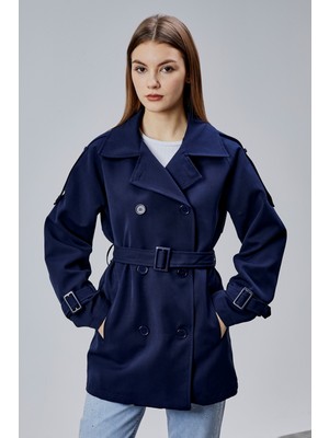 Bolivente Lacivert Premium Regular Kalıp Apolet ve Rüzgarlık Detaylı Kemerli Trençkot