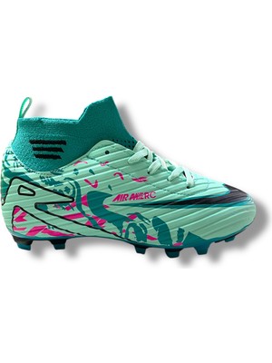 Mercurıal Çocuk Çoraplı Halısaha ve Çimsaha Krampon Su Yeşili Mavi Desenli