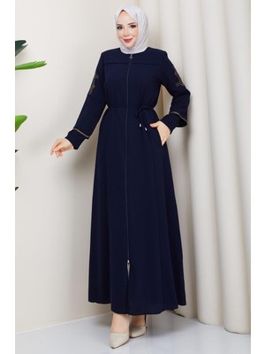 Bağcıklı Kolu Nakışlı Ferace Lacivert HM2854