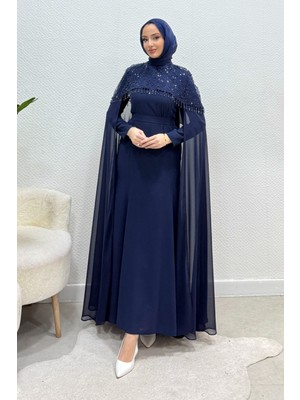Tesettür Diyarı Büyük Beden Taşlı Pelerinli Krep Tesettür Abiye- Lacivert