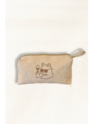 Keten Kumaş Nakış Detaylı Küçük El & Makyaj Çantası – Kedi Figürlü Fermuarlı Makyaj Çantası 20X30 cm