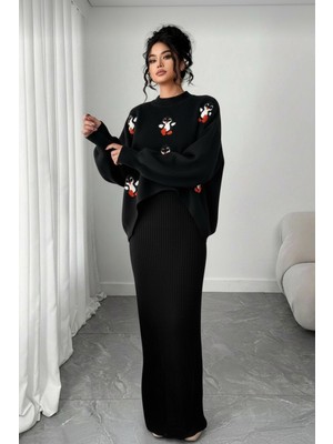 Newco Penguen Temalı Askılı Elbise ve Bolero Ikili Set Triko Takım