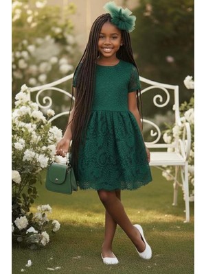 Riccotarz Kız Çocuk Üzeri Dantel Işlemeli Içi Astarlı Simli Yeşil Abiye