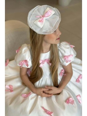 Riccotarz Kız Çocuk Balon Kollu Üzeri Pembe Kurdela Detaylı Içi Astarlı Saten Abiye