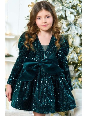 Riccotarz Kız Çocuk V Yaka Üzeri Pulpayet Işlemeli Eteği Kabarık Kadife Yeşil Abiye