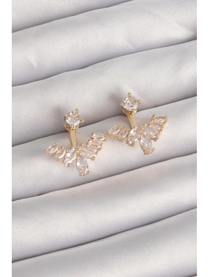 Calperia Pirinç Gold Renk Zirkon Taşlı V Model Küpe