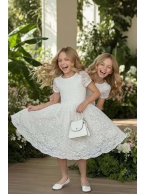 Riccotarz Kız Çocuk Üzeri Dantel Işlemeli Içi Astarlı Simli Beyaz Abiye