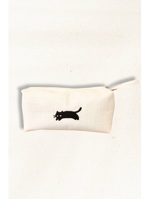 Keten Kumaş Nakış Detaylı Küçük El & Makyaj Çantası – Kedi Figürlü Fermuarlı Makyaj Çantası 20X30 cm