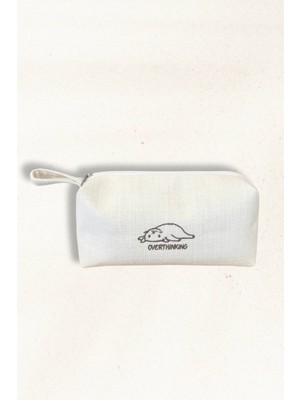 Keten Kumaş Nakış Detaylı Küçük El & Makyaj Çantası – Kedi Figürlü Fermuarlı Makyaj Çantası 20X30 cm