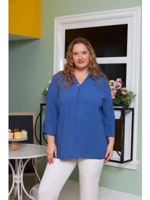 Rmg Yaka Detaylı Büyük Beden Bluz İNDIGO11