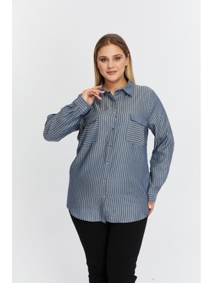 Rmg Cep Asimetrik Desenli Büyük Beden Gömlek Indigo1