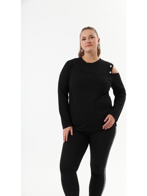 Rmg Büyük Beden Omuz Detay Örme Bluz Siyah1