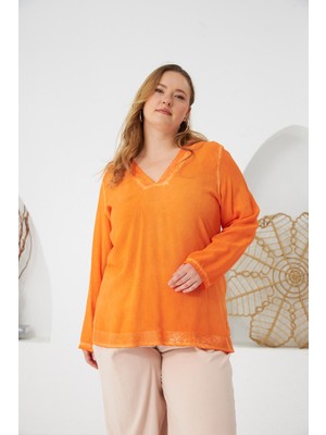 Rmg Payet Detaylı Büyük Beden Yıkamalı Bluz Turuncu