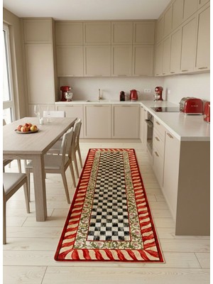 Brillant Kırmızı Renk- Mackenzie Stili Damalı Mutfak Antre Yolluk Halı