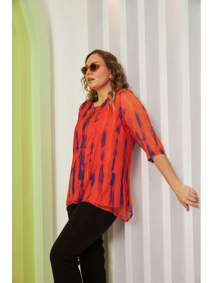 Rmg Desenli Büyük Beden Oranj Şifon Bluz