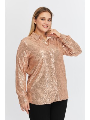 Rmg Büyük Beden Pul Payetli Gömlek Bronz1