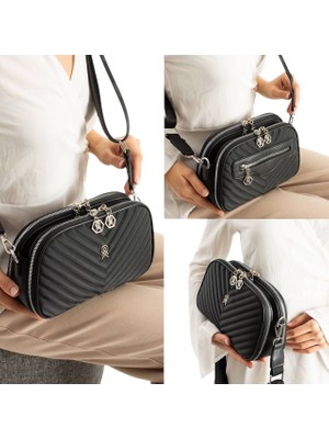 Turqa Siyah Iki Bölmeli Çift Fermuarlı Ayarlanabilir Geniş Askılı Çapraz Çanta