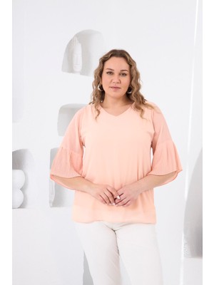 Rmg Kolları Piliseli Büyük Beden Bebe Pudra Bluz1