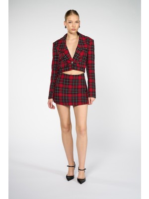 Thalure Kadın Kırmızı Ekoseli Mini Şort Etek