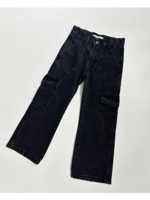 Kargo Cepli  Geniş Paça Jean Denim Siyah Kız Çocuk Pantolon