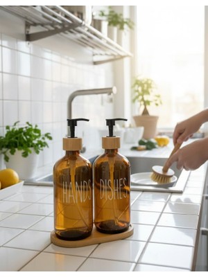 Vesta Concept Doğal Bambu Standlı Ikili Cam Sıvı Sabunluk - Mutfak Deterjanlık ve Sabunluk Seti