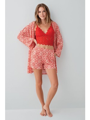 Arnetta Kadın Kırmızı 3lü Sabahlık Takım