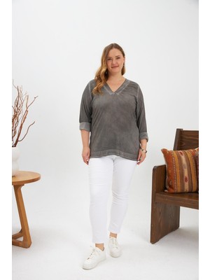 Rmg Payet Detaylı Büyük Beden Yıkamalı Bluz Füme