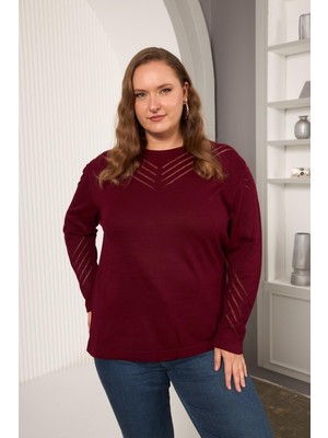 Rmg Kol ve Yaka Ajur Desenli Büyük Beden Triko Bordo