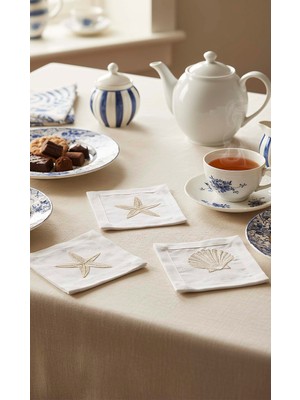 Marine Nakışlı Bej 6'lı Sunumluk Peçete, Kokteyl Peçetesi, Kahve Yanı Sunumluk, Bardak Altlığı