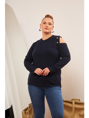 Rmg Büyük Beden Omuz Detay Örme Bluz Lacivert1