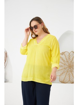 Rmg Payet Detaylı Büyük Beden Yıkamalı Bluz Sarı