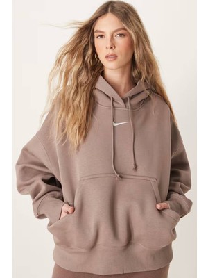 Nike Sportswear Phoenix Fleece Oversize Pullover Hoodie Kadın Kapüşonlu Bol Kesim Sweatshirt Kahverengi