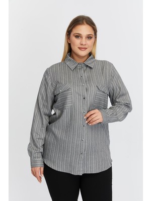 Rmg Cep Asimetrik Desenli Büyük Beden Gömlek Siyah1