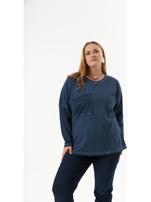 Rmg Büyük Beden Cep Detay Parça Boya Sweatshirt Indigo1