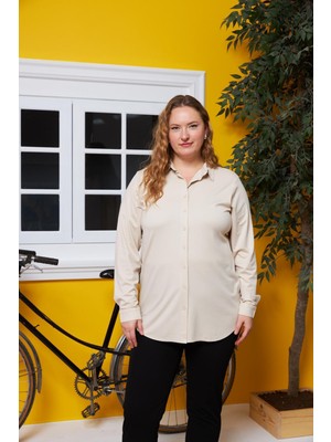 Rmg Büyük Beden Dökümlü Örme Modal Iplik Gömlek Krem1