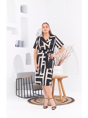 Rmg Kemer Detaylı Çizgili Büyük Beden Siyah Elbise1