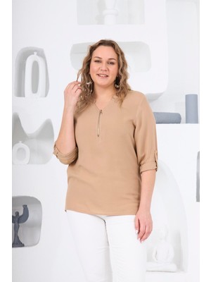 Rmg Yaka Fermuar Detaylı Büyük Beden Vizon Bluz1