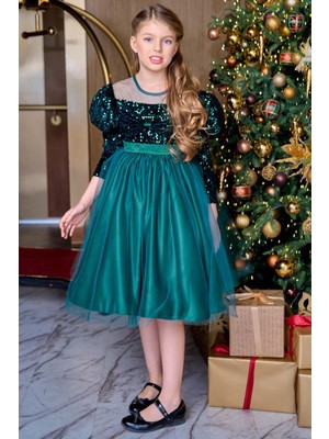 Riccotarz Kız Çocuk Kayık Yaka Şeffaf Tül ve Göğsü Kadife Pul Detaylı Eteği Kabarık Balon Kol Yeşil Abiye