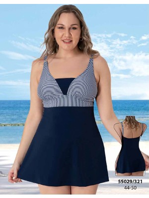 SUNSURF Lacivert Çizgili Büyük Beden Etekli Mayo 46