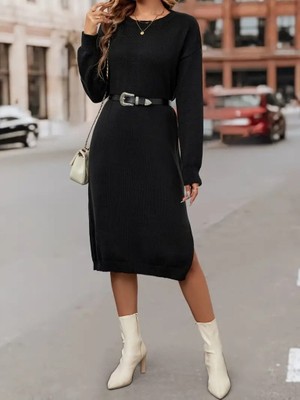 Wmpulse Kadın Uzun Kollu Bisiklet Yaka Yandan Yırtmaçlı Midi Triko Elbise(Kemersiz)